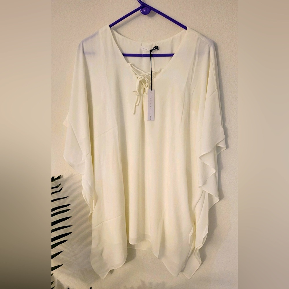 Lace up flutter sleeve chiffon white kaftan, cover-up etc. NWT three eighty two
